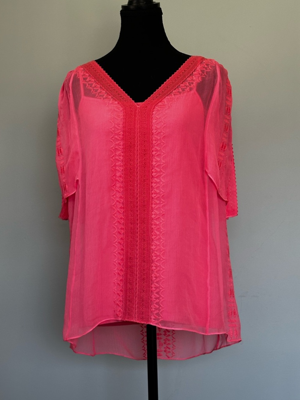Elie Tahari Sheer Silk Overlay Top | Coral Pink Layered Blouse | Size M